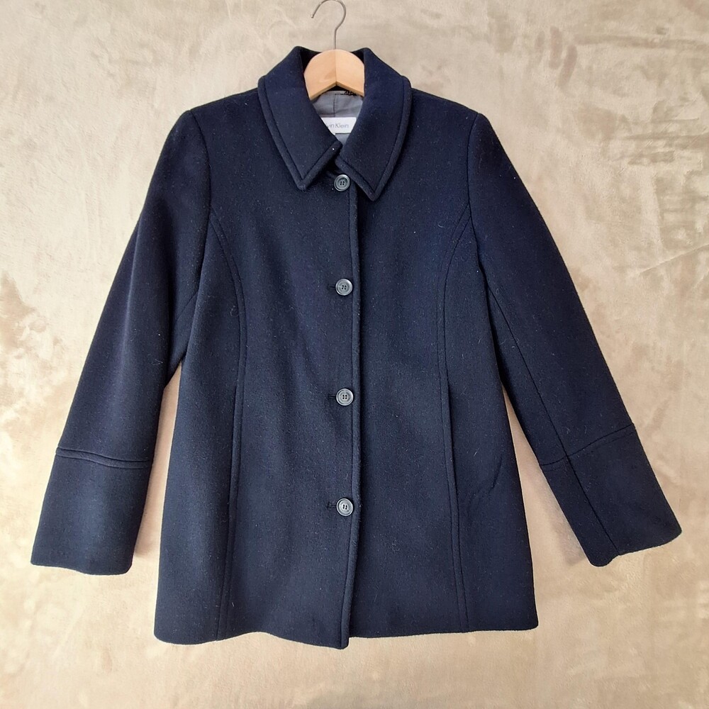 Calvin Klein Coat Womens 6 Blue Wool Single Breasted Mid Length Lined Pockets